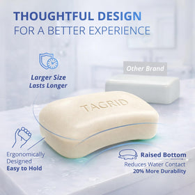 TAGRID soap next to a coin for scale showing bar size and portability