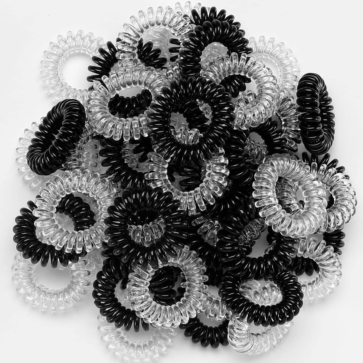 TailaiMei front packaging showing 58 black and transparent coil hair ties for convenience