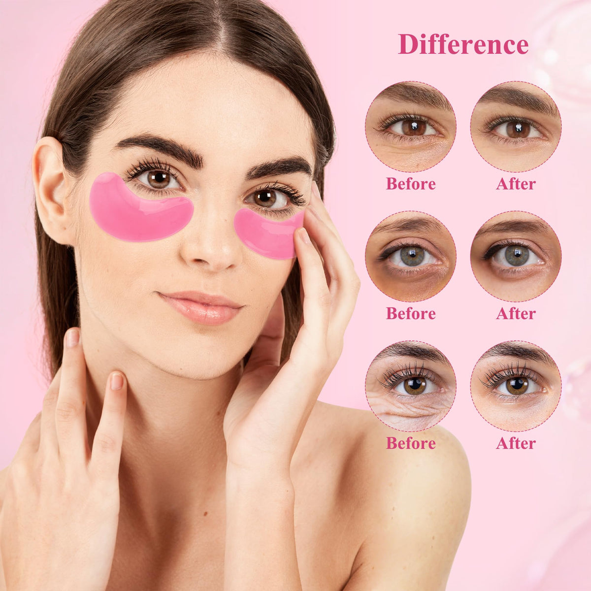 Taimand under eye patch applied on model demonstrating immediate depuffing benefit