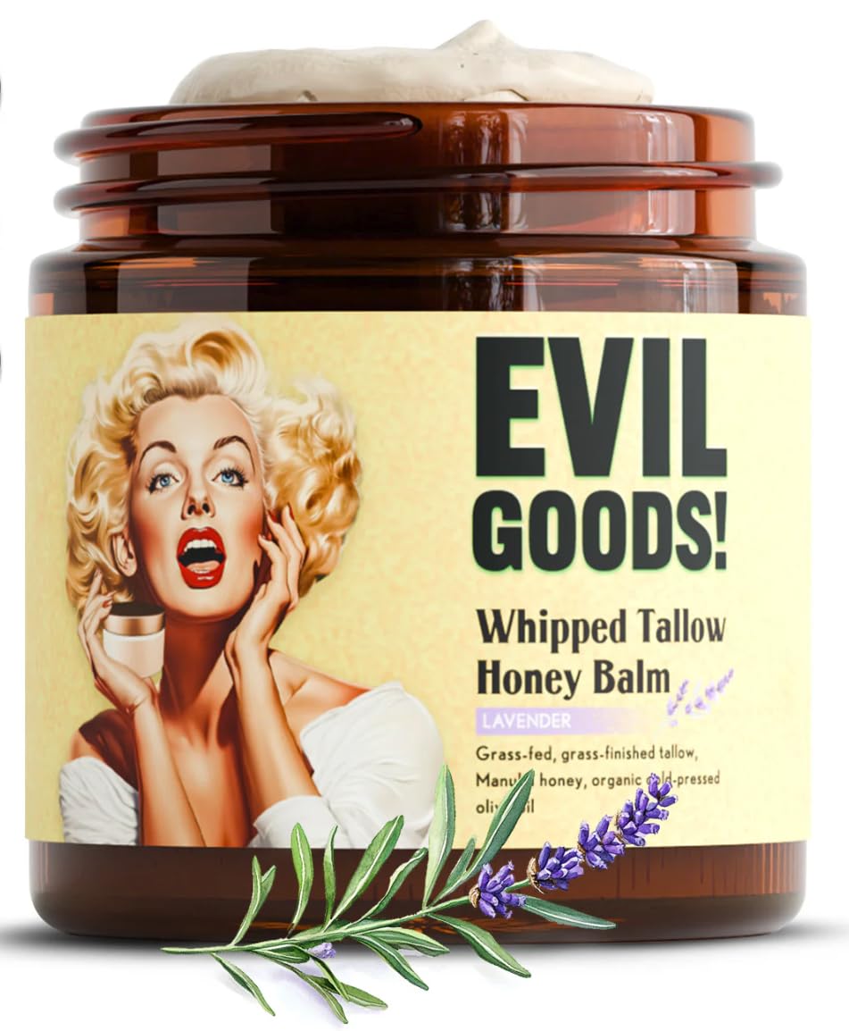 TALLOW BODY BALM front jar with lavender scent showing label and benefit