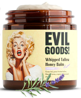 TALLOW BODY BALM front jar with lavender scent showing label and benefit