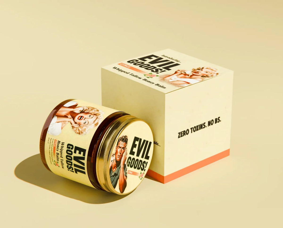TALLOW BODY BALM on bathroom shelf in lifestyle setting for daily routine benefit