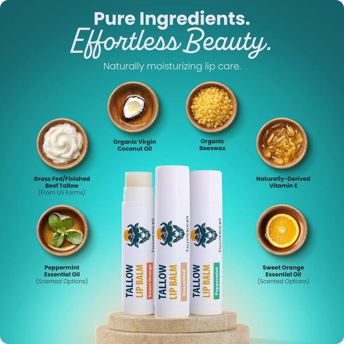 Tallowbourn flavor swatches trio displaying orange, peppermint, and unscented variety