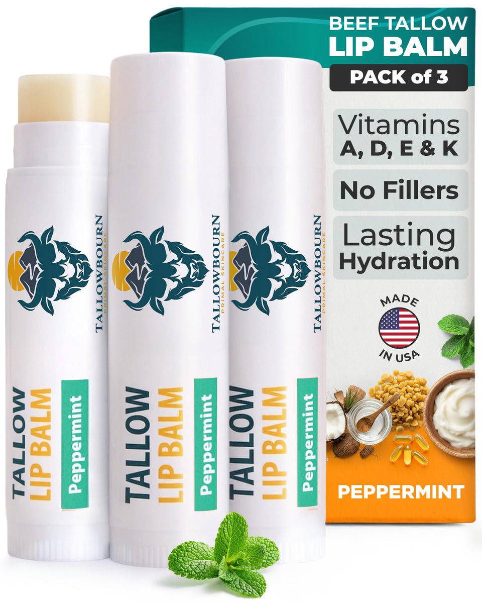 Tallowbourn front packaging showing peppermint 3-pack and travel convenience