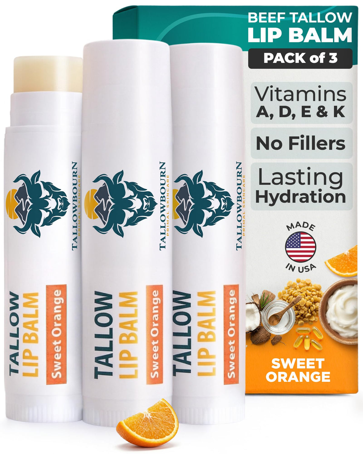 Tallowbourn front packaging showing three balms and sweet orange label for easy recognition