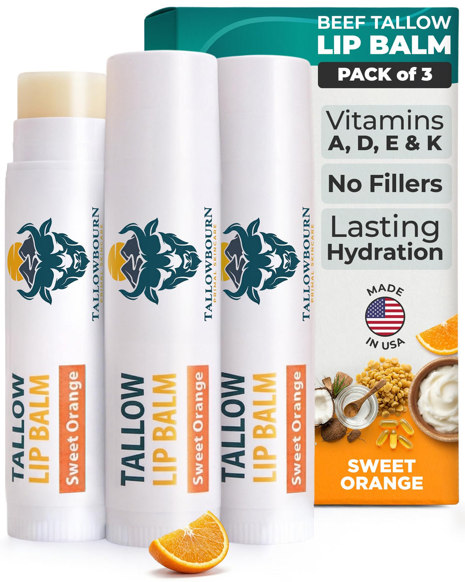 Tallowbourn front packaging showing three balms and sweet orange label for easy recognition