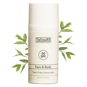 TALLOWRX front packaging showing 3.4 oz sunscreen and SPF 50 protection benefit