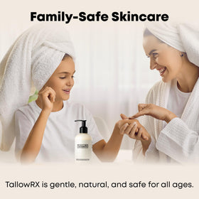 TALLOWRX bottle staged in bathroom for natural skincare routine