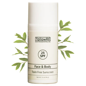 TALLOWRX front packaging showing SPF 25 and natural mineral protection benefits