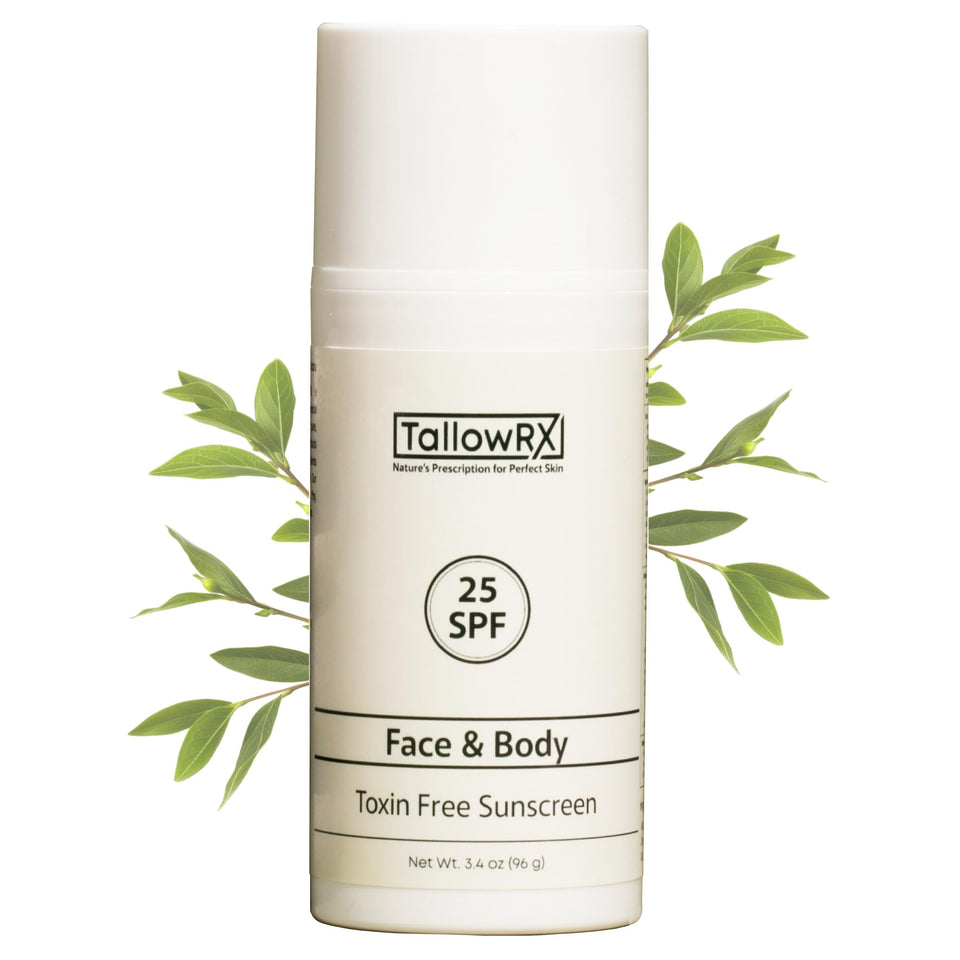 TALLOWRX front packaging showing SPF 25 and natural mineral protection benefits