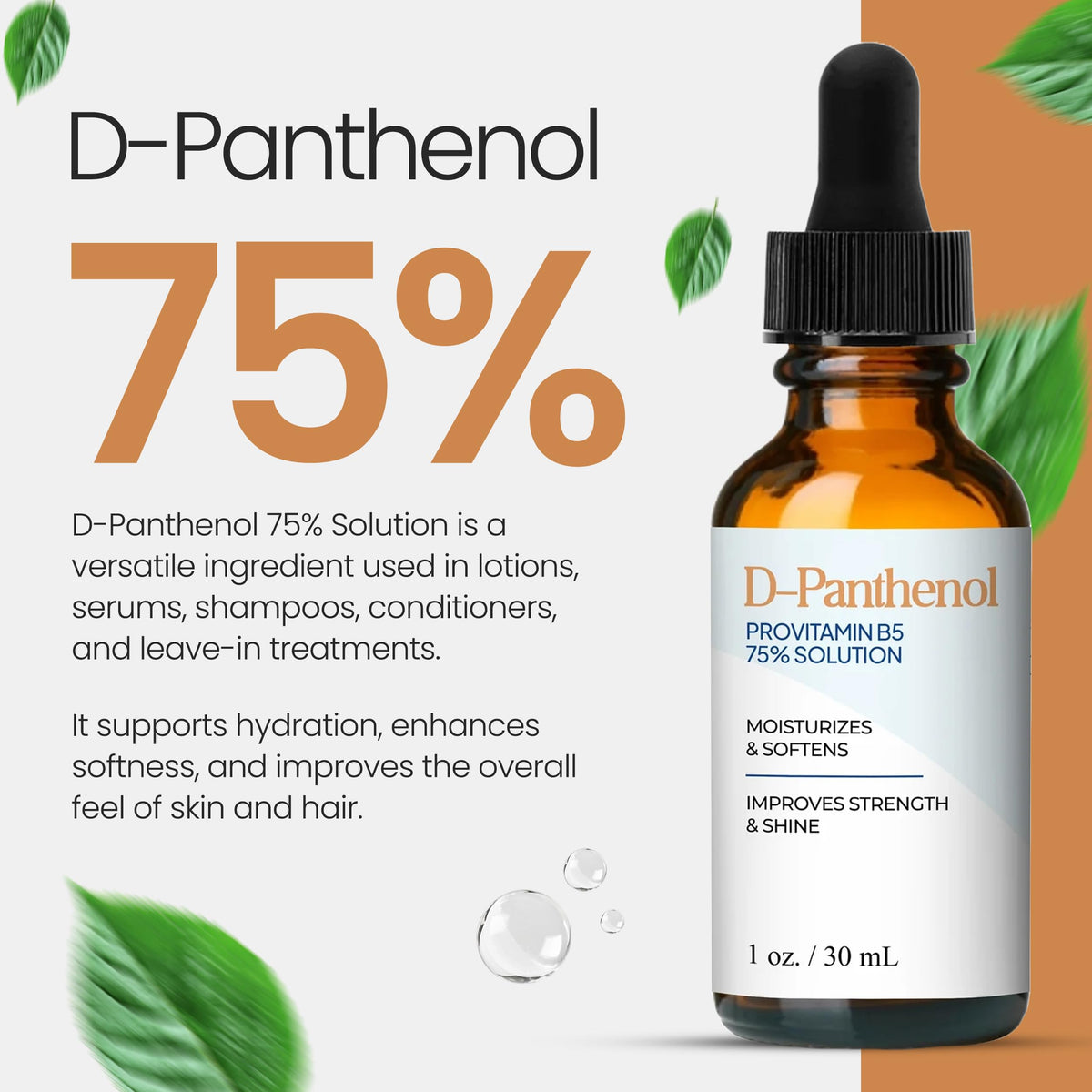 Close-up of clear D-Panthenol solution by Talsen Chemicals showing purity and clarity benefit