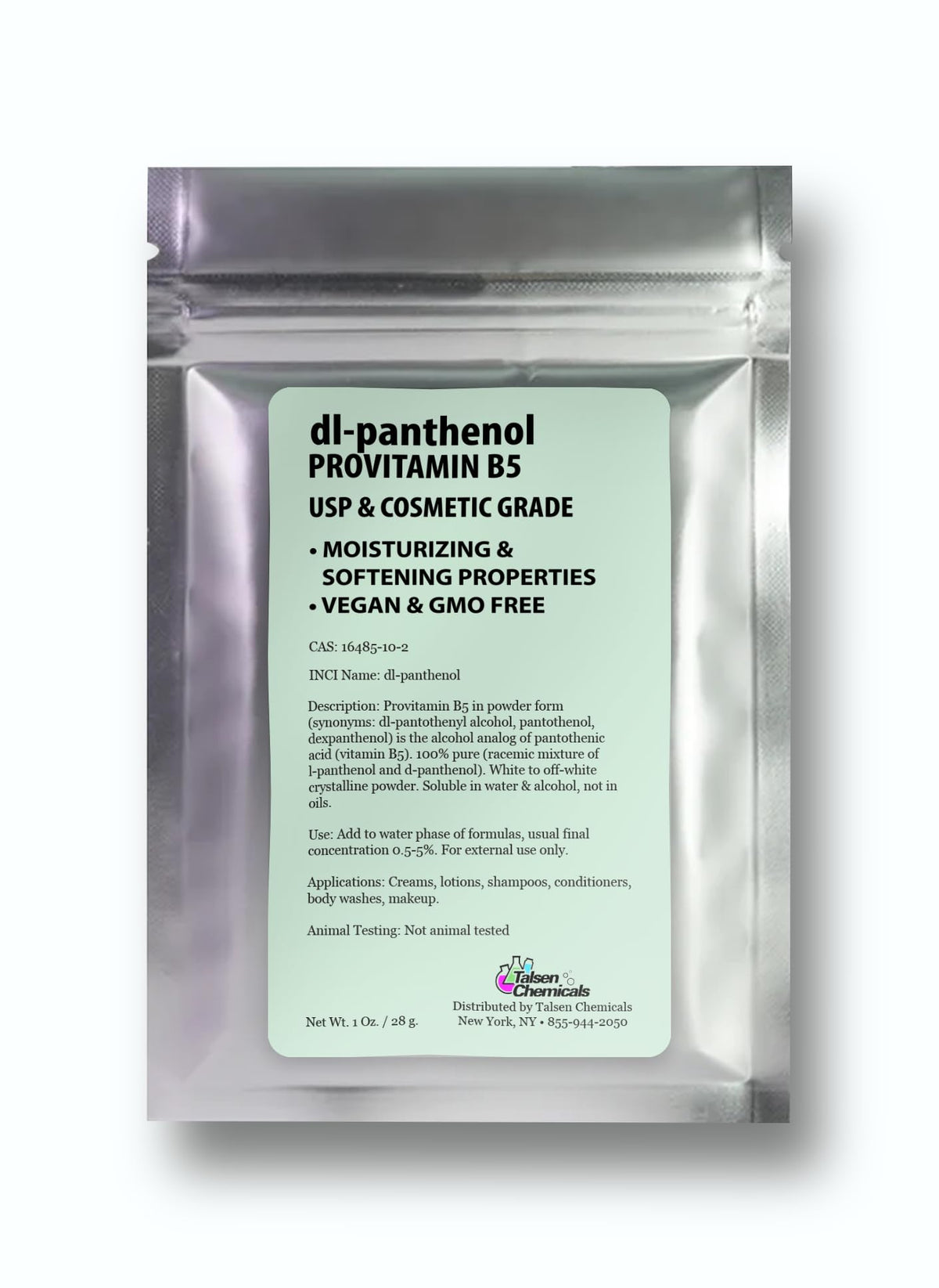 Talsen Chemicals dl-Panthenol front label showing product name and weight benefits: pure provitamin B5