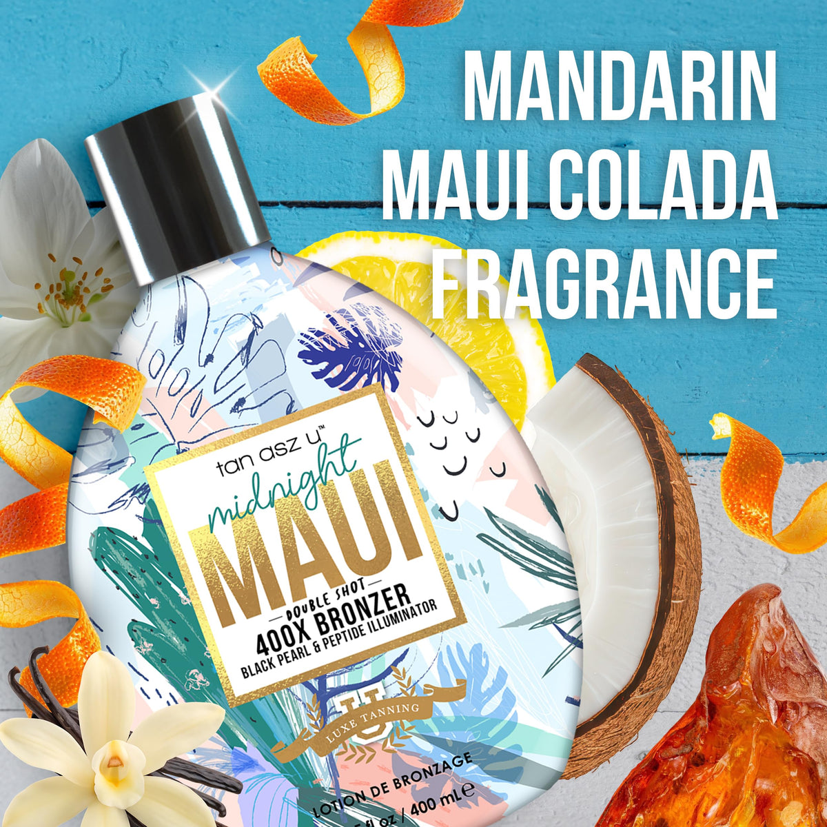 Tan Asz U bottle on beach towel evoking tropical scent and vacation vibe