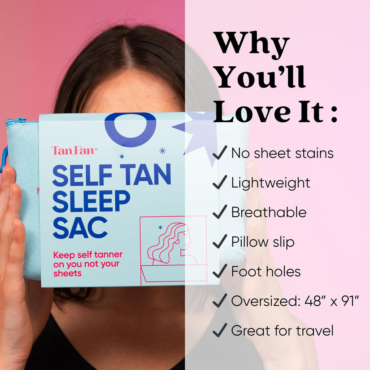 Tan Fan built-in pillow protector detail keeps pillowcases safe from tanner