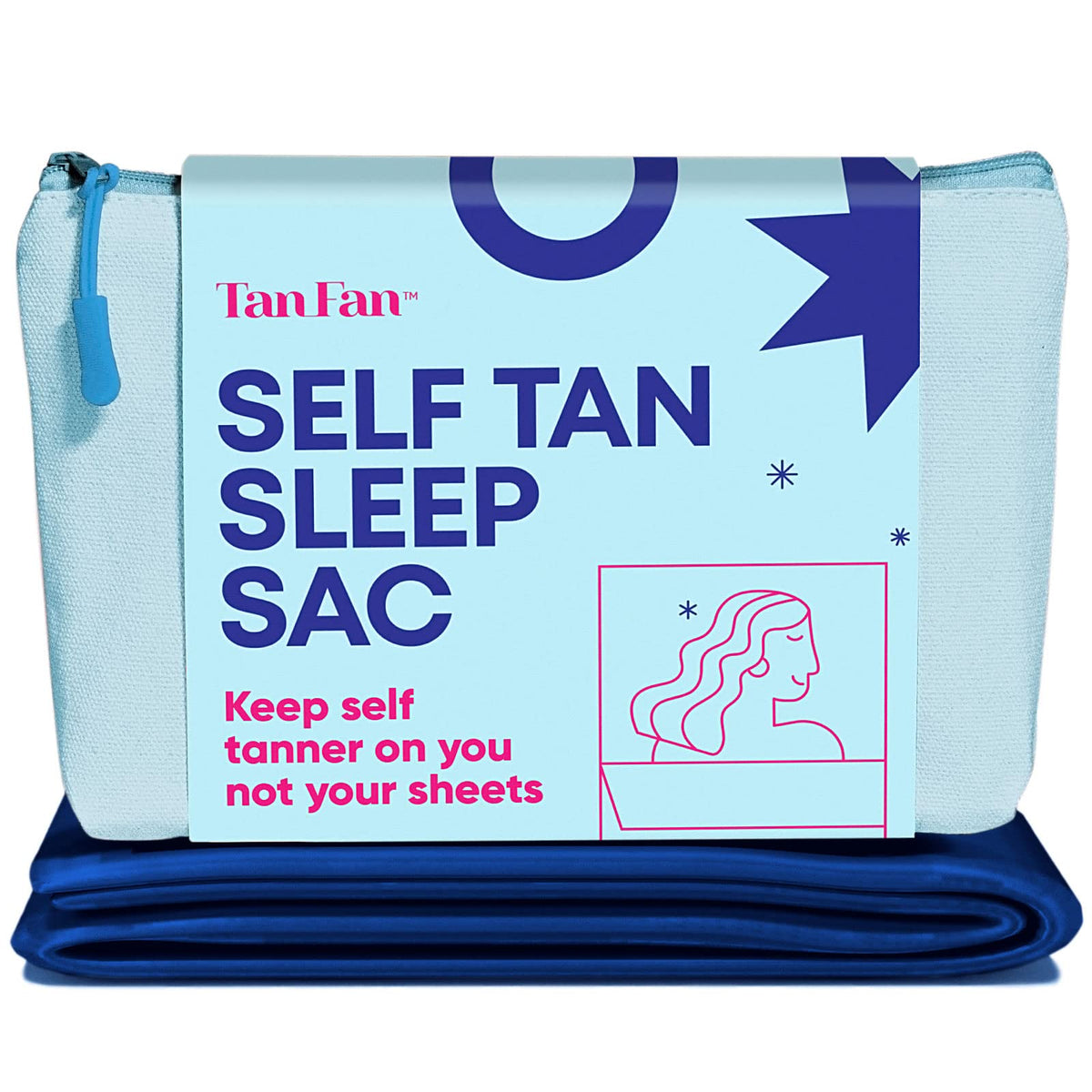 Tan Fan front view of navy sleep sac protecting sheets and enabling clean tans