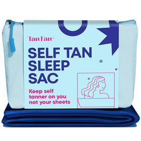 Tan Fan front view of navy sleep sac protecting sheets and enabling clean tans