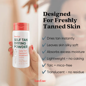 Tan Fan powder being dusted on leg to reduce tackiness and improve comfort