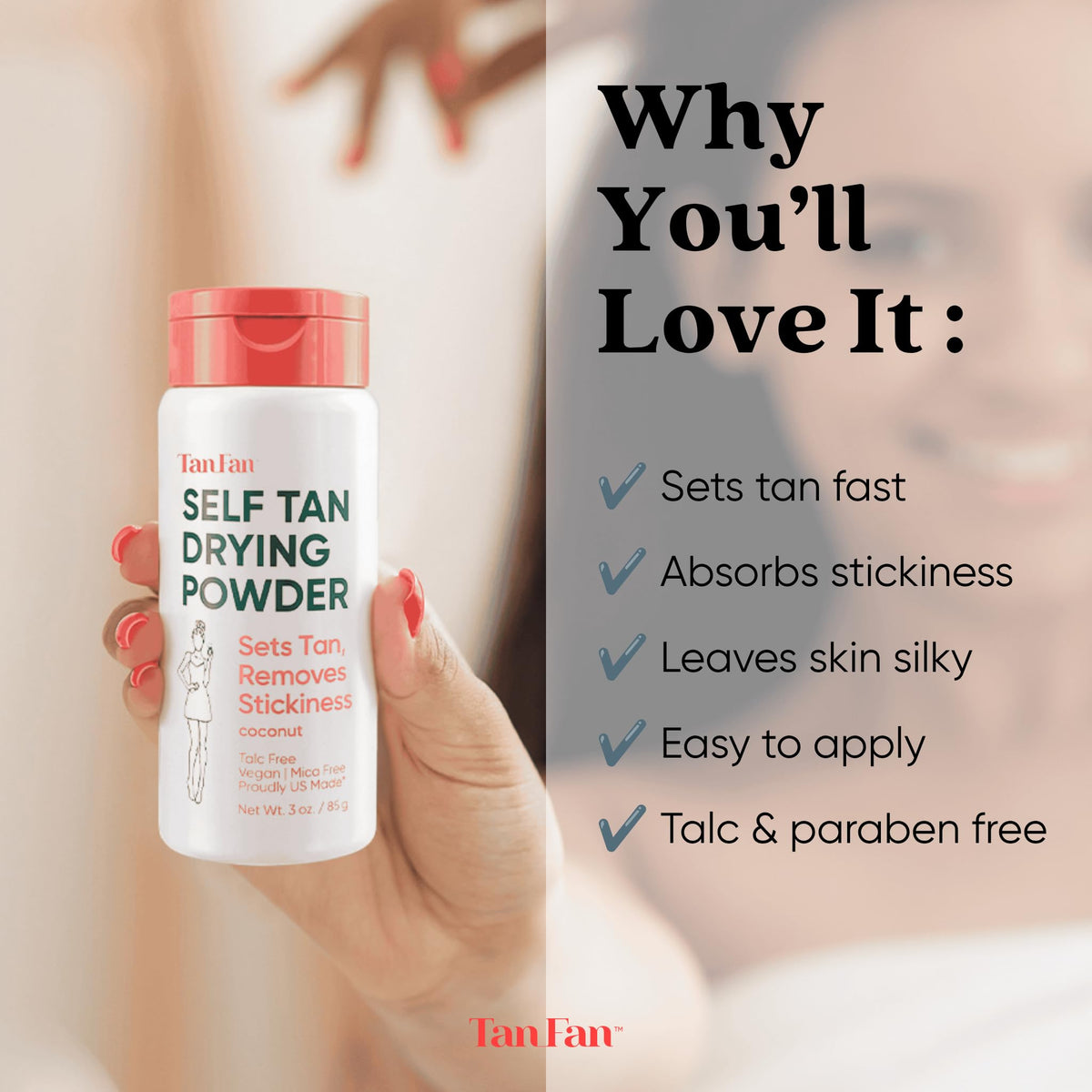 Tan Fan size comparison with hand showing 3oz concentrated bottle