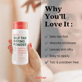 Tan Fan size comparison with hand showing 3oz concentrated bottle