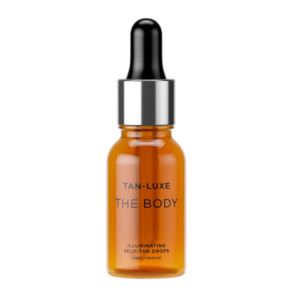 TAN-LUXE bottle front view showing elegant packaging and easy application benefit