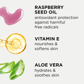 TAN-LUXE bottle beside natural ingredient capsules highlighting raspberry seed oil benefit