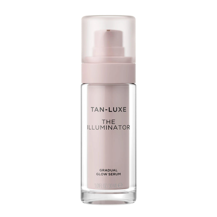 TAN-LUXE front bottle shot showing compact tanner and clear packaging benefit visible