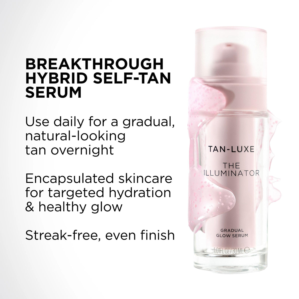 TAN-LUXE label listing hyaluronic acid and antioxidants for skincare benefit