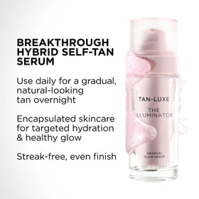 TAN-LUXE label listing hyaluronic acid and antioxidants for skincare benefit