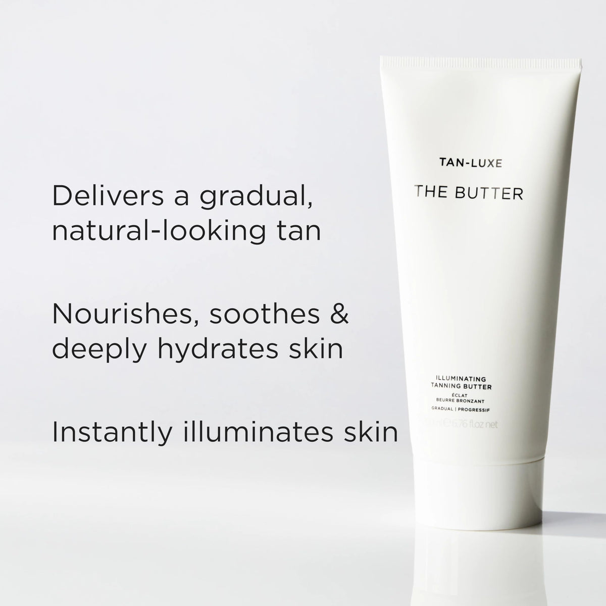 TAN-LUXE open jar with ingredient hints showing nourishing butter benefits