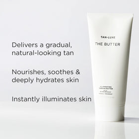 TAN-LUXE open jar with ingredient hints showing nourishing butter benefits
