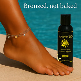Tan Physics adjustable anklet styled on ankle to complement a sunless tan