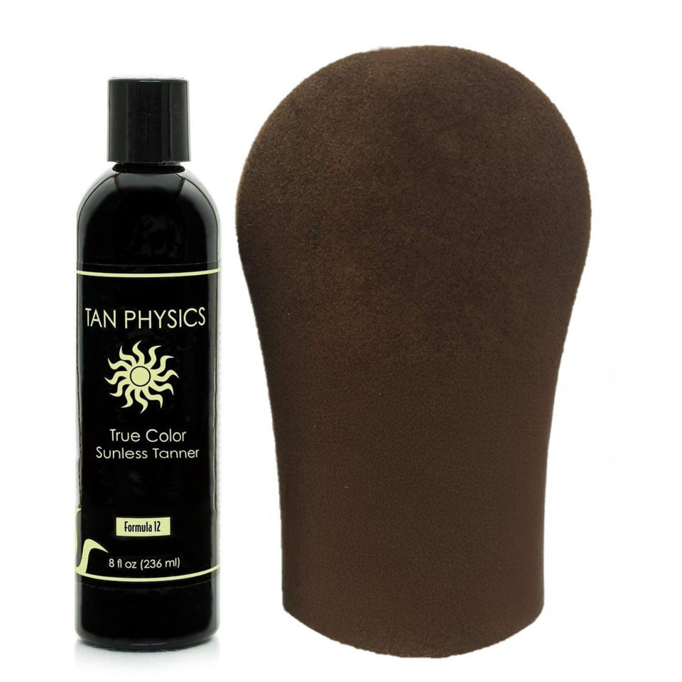 Tan Physics bottle front view showing label and convenient pump, promotes easy application