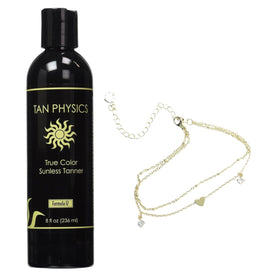 Tan Physics front packaging showing 8oz bottle and gloves for flawless results