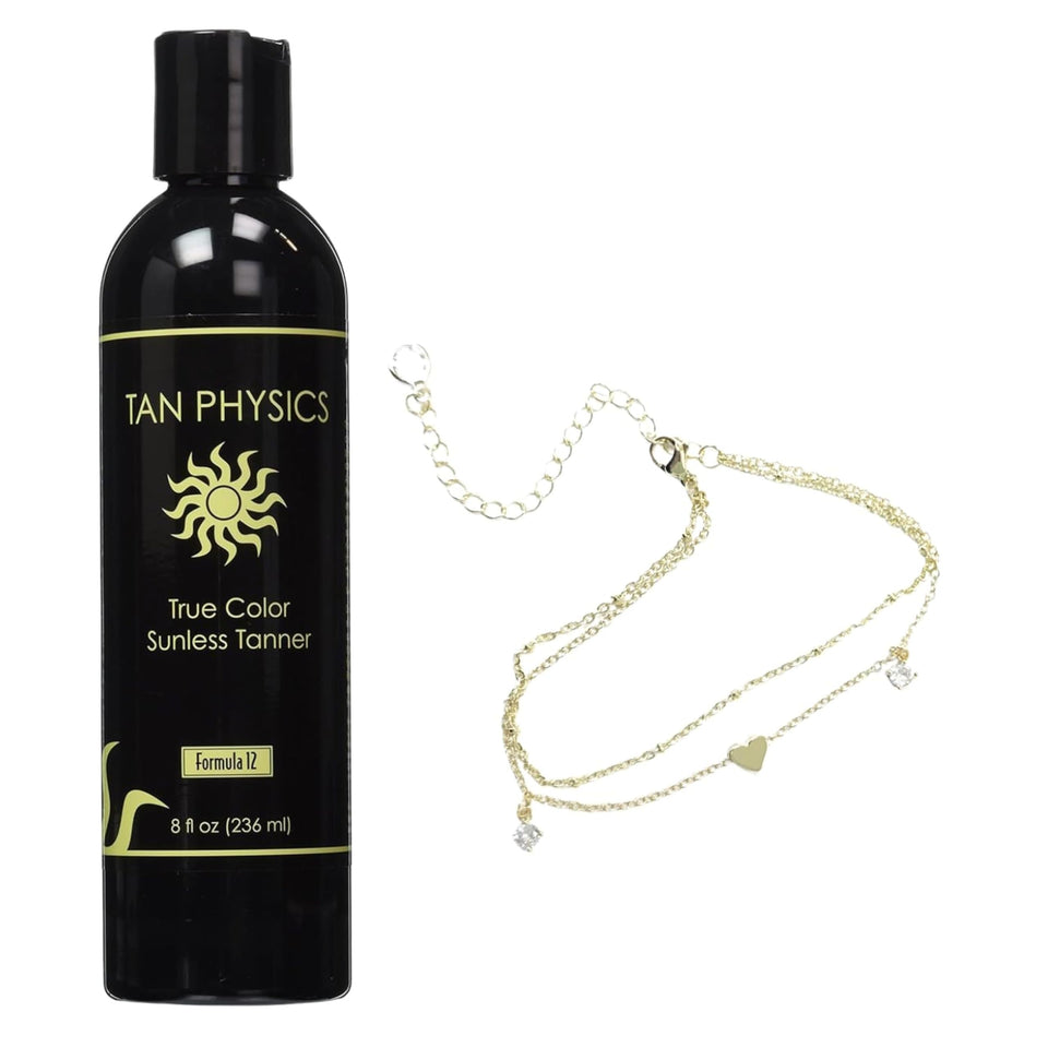Tan Physics front packaging showing 8oz bottle and gloves for flawless results