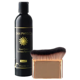 Tan Physics front packaging showing bottle and brush for easy identification and quick use