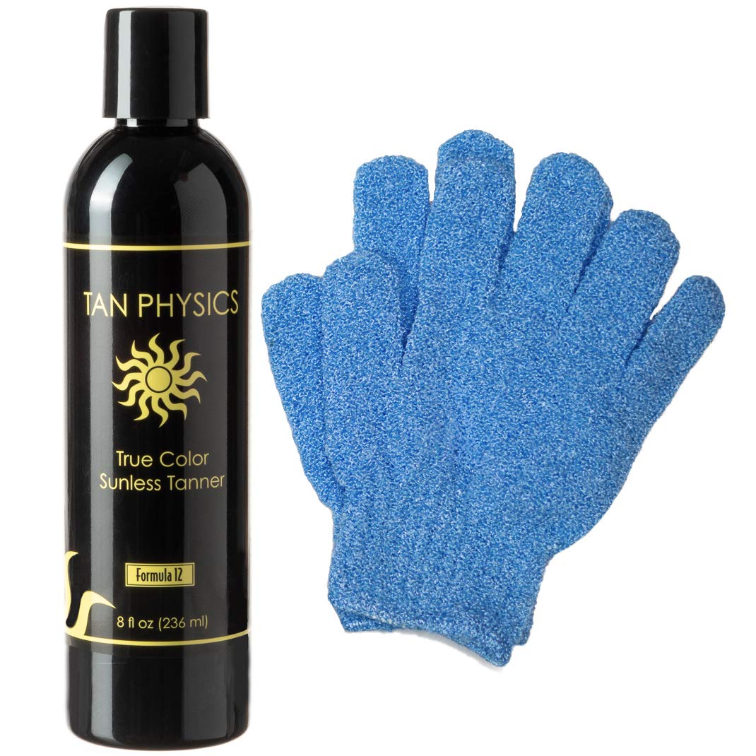 Tan Physics front packaging showing bottle and exfoliation gloves for easy application