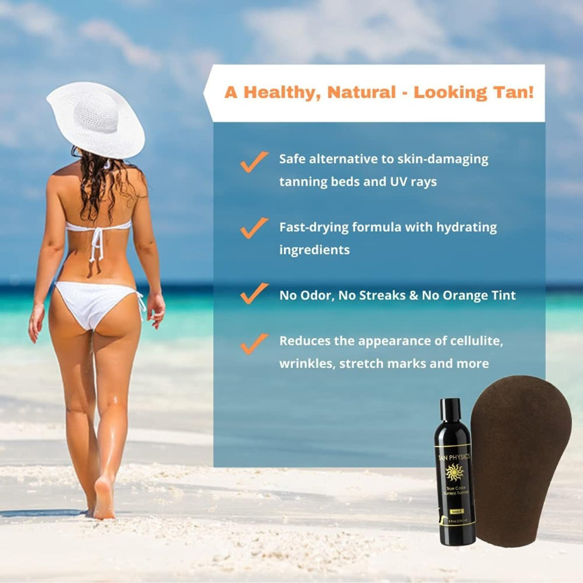 Tan Physics tanning mitt close-up with micro-fiber surface for streak-free blending