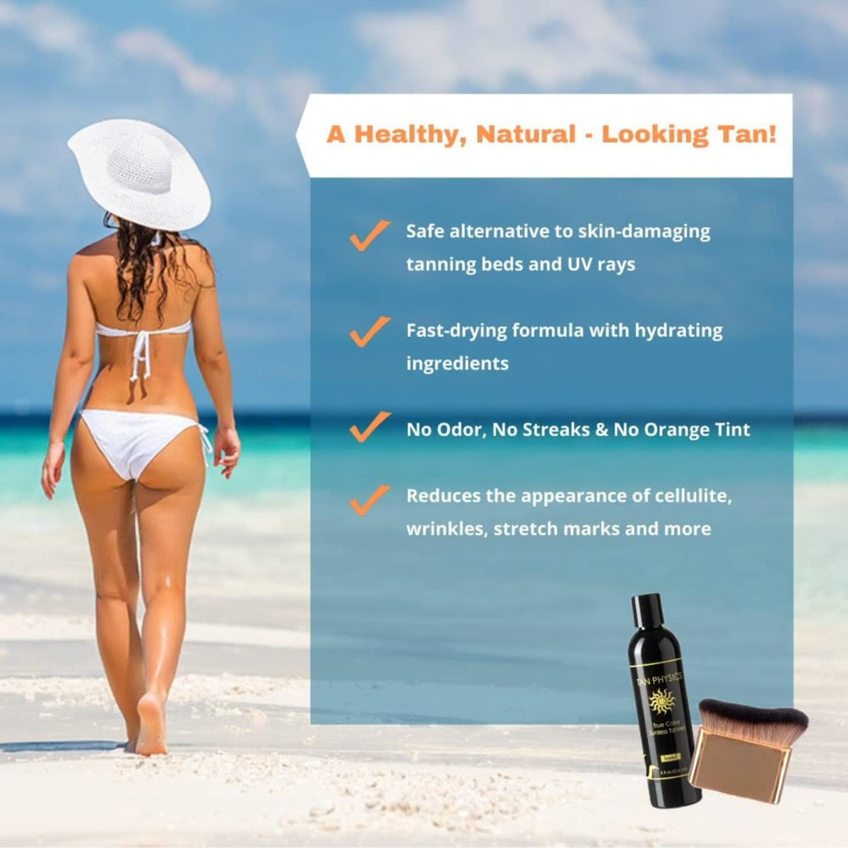 Tan Physics lotion texture close-up highlighting smooth, fast-absorbing formula for even application