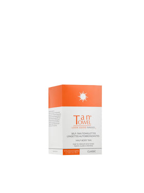 Tan Towel front packaging showing 10-count classic self-tan towelettes and easy use benefit