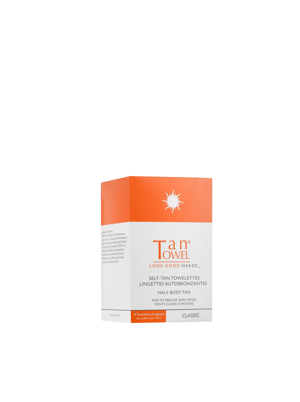 Tan Towel front packaging showing 10-count classic self-tan towelettes and easy use benefit
