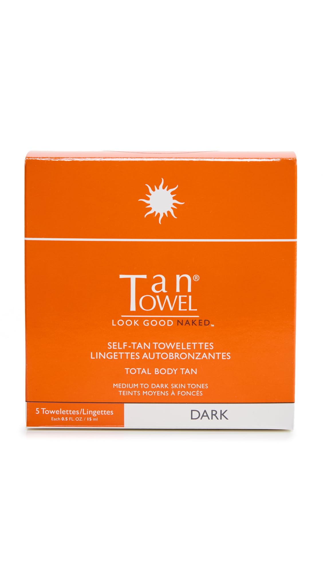 Tan Towel dark front packaging showing five individually wrapped towelettes and benefits