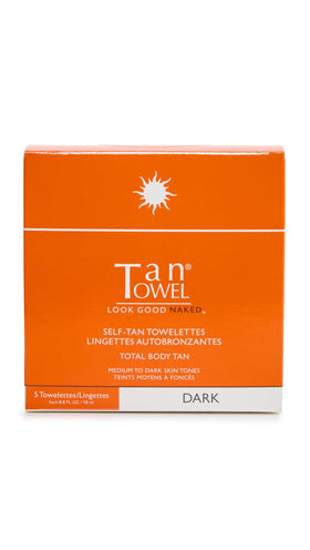 Tan Towel dark front packaging showing five individually wrapped towelettes and benefits