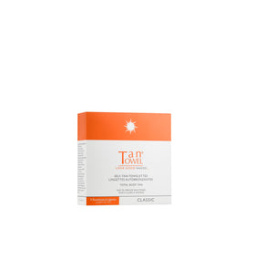 Tan Towel full body classic pack front view showing five towelettes and clear formula benefit