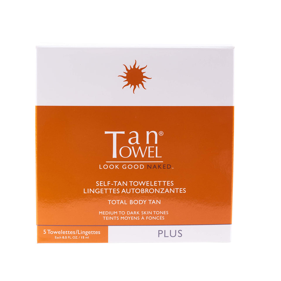 Tan Towel Plus front packaging showing full-body 5-count convenience and travel-ready design
