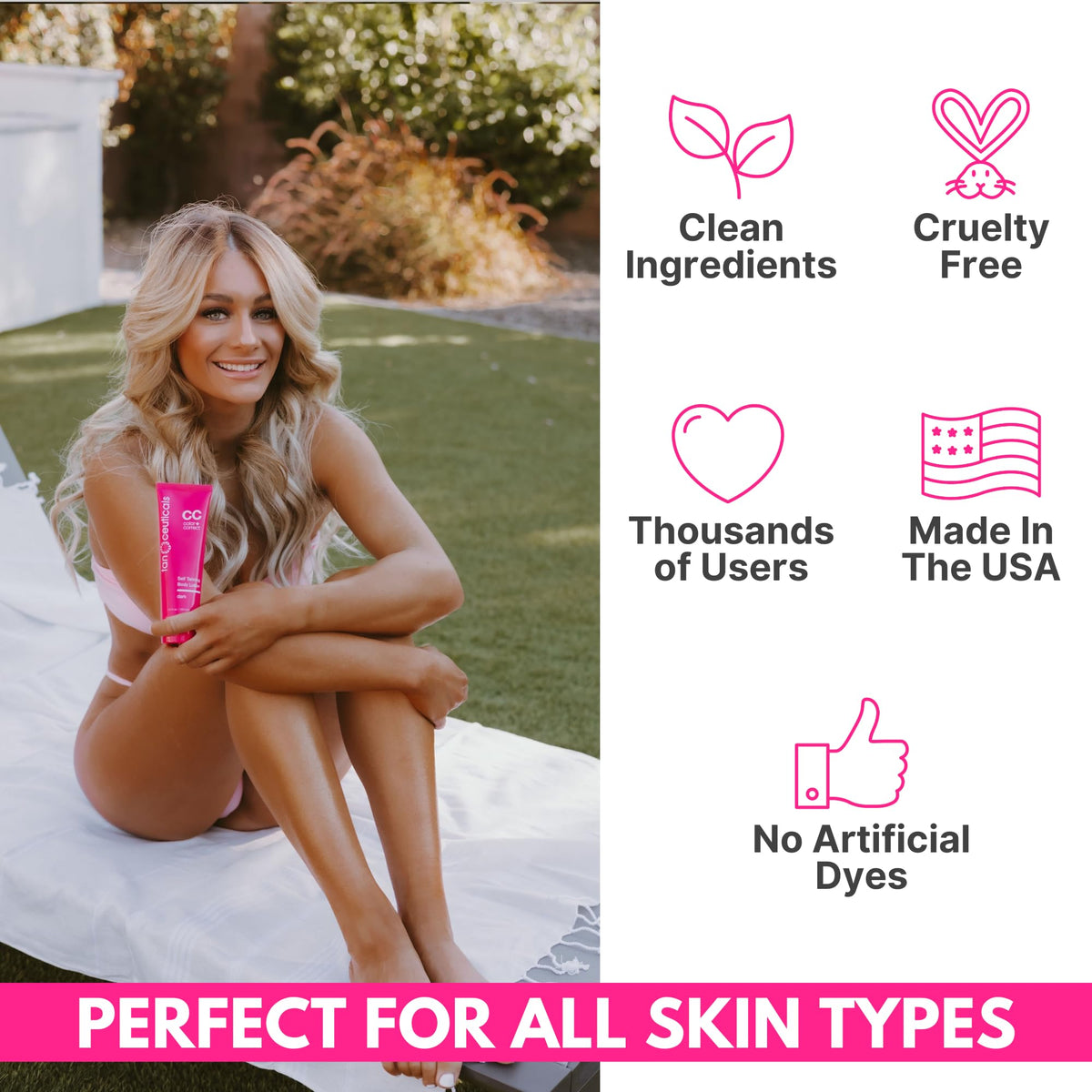 Tanceuticals in a beach bag lifestyle scene implying bronzed glow and confidence