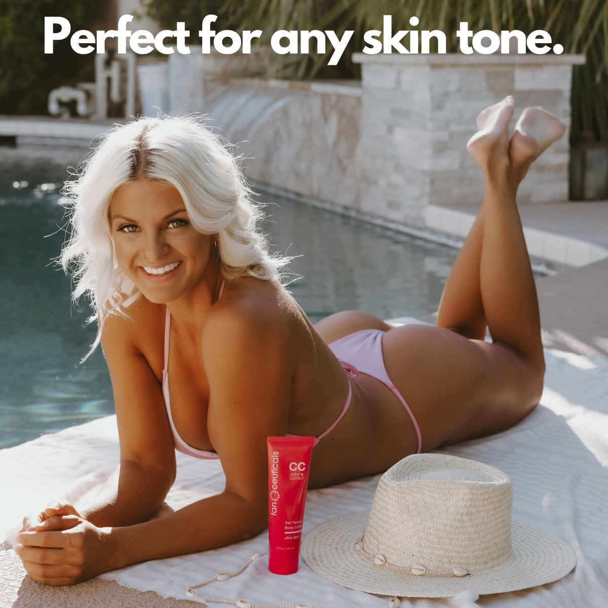 tanceuticals on model with bronzed skin showing natural-looking glow