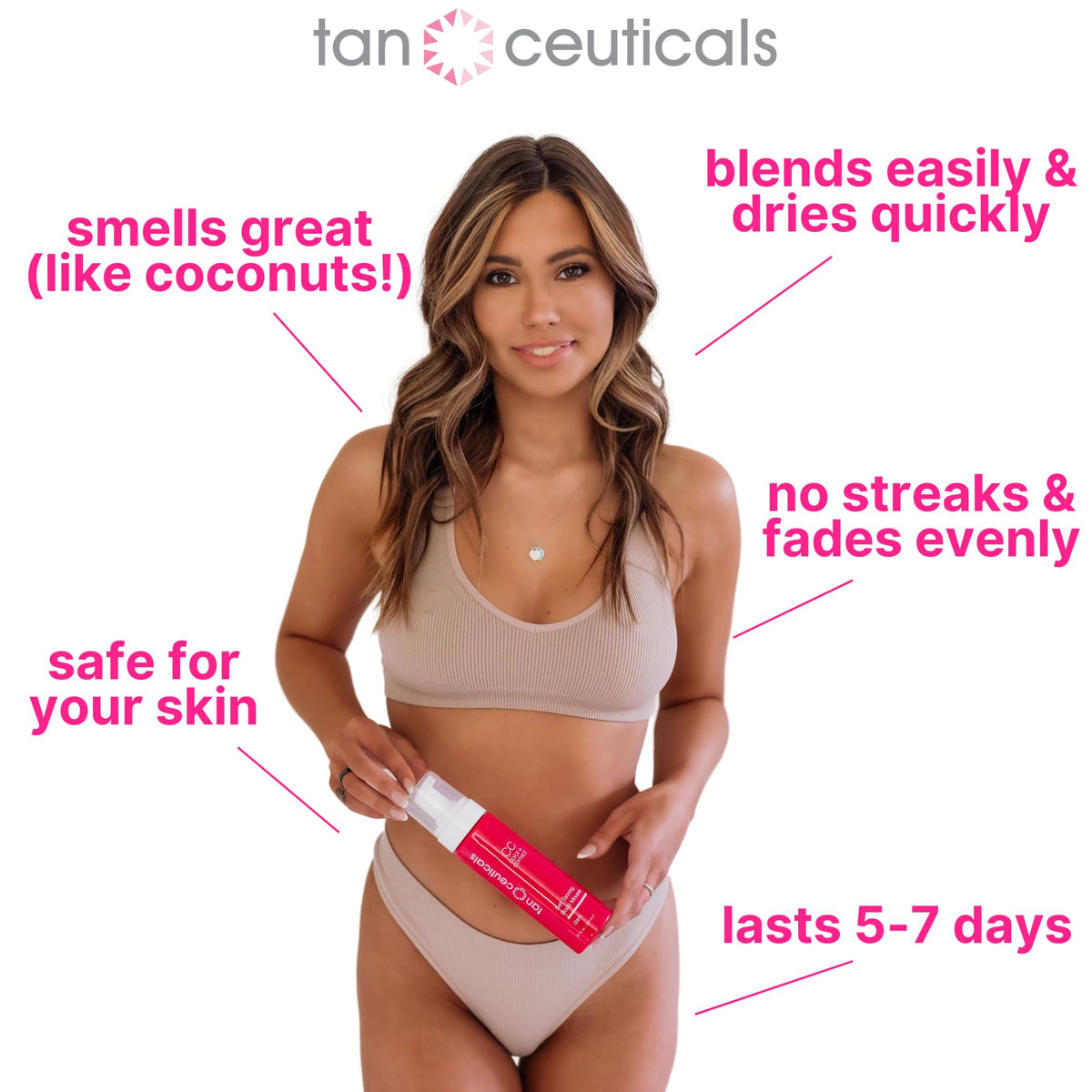 Tanceuticals size and scale next to hand showing 6.7 oz compact travel-friendly bottle