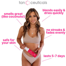 Tanceuticals size and scale next to hand showing 6.7 oz compact travel-friendly bottle
