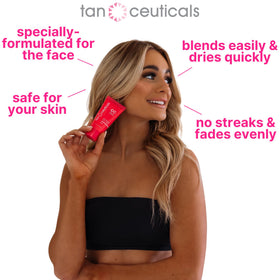 Hand holding Tanceuticals 1.7 oz bottle to show scale and travel-friendly size