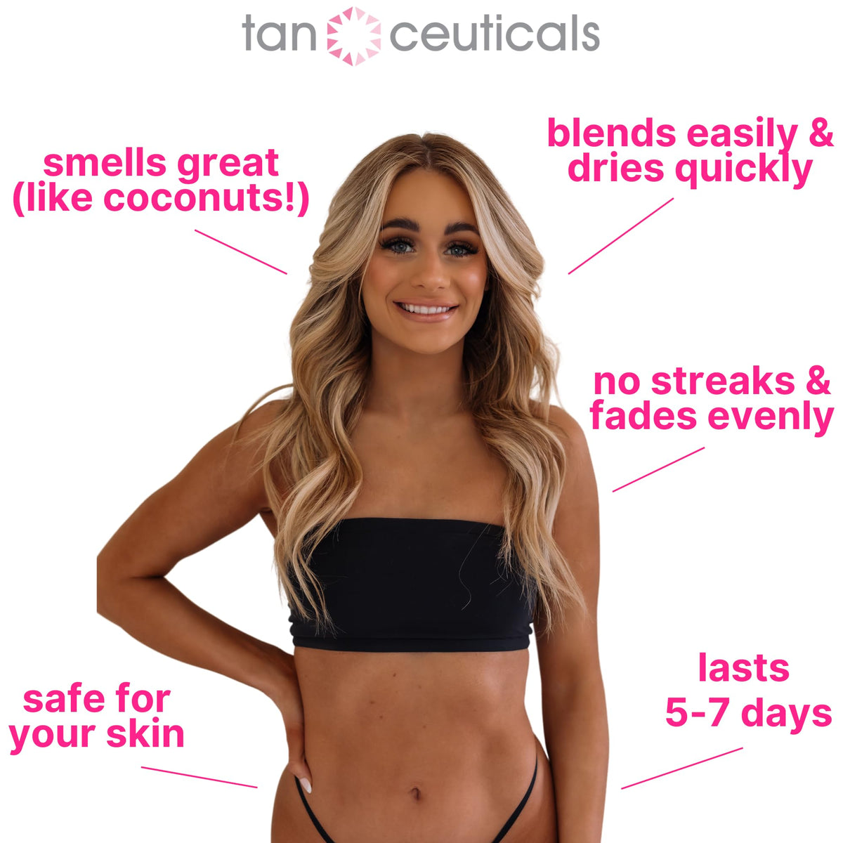 Tanceuticals size comparison with hand illustrating 6.7 oz scale and travel-friendly benefit